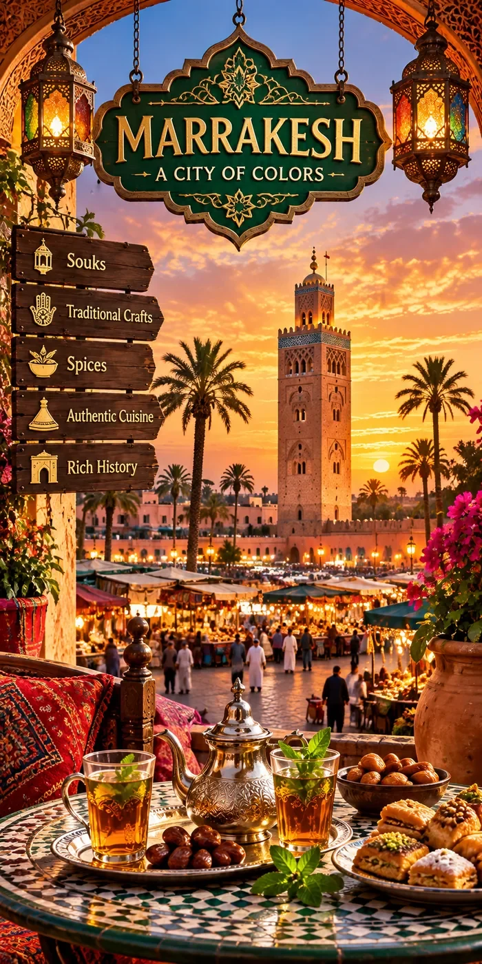 A glowing Marrakech square with lanterns, palm trees, and Moroccan tea
